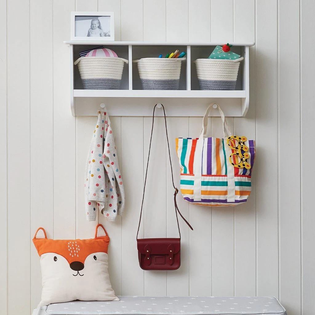 Floating Pigeonhole Wall Shelf With Hooks In White 4 Floating Pigeonhole Wall Shelf With Hooks In White - Image 2